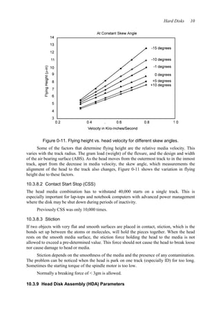 Hard Disks 10 
Figure 0-11. Flying height vs. head velocity for different skew angles. 
Some of the factors that determine flying height are the relative media velocity. This 
varies with the track radius. The gram load (weight) of the flexure, and the design and width 
of the air bearing surface (ABS). As the head moves from the outermost track to in the inmost 
track, apart from the decrease in media velocity, the skew angle, which measurements the 
alignment of the head to the track also changes, Figure 0-11 shows the variation in flying 
height due to these factors. 
10.3.8.2 Contact Start Stop (CSS) 
The head media combination has to withstand 40,000 starts on a single track. This is 
especially important for lap-tops and notebook computers with advanced power management 
where the disk may be shut down during periods of inactivity. 
Previously CSS was only 10,000 times. 
10.3.8.3 Stiction 
If two objects with very flat and smooth surfaces are placed in contact, stiction, which is the 
bonds set up between the atoms or molecules, will hold the pieces together. When the head 
rests on the smooth media surface, the stiction force holding the head to the media is not 
allowed to exceed a pre-determined value. This force should not cause the head to break loose 
nor cause damage to head or media. 
Stiction depends on the smoothness of the media and the presence of any contamination. 
The problem can be noticed when the head is park on one track (especially ID) for too long. 
Sometimes the starting torque of the spindle motor is too low. 
Normally a breaking force of < 3gm is allowed. 
10.3.9 Head Disk Assembly (HDA) Parameters 
 