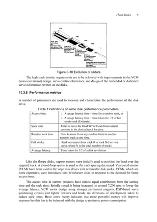 Hard Disks 8 
Figure 0-10 Evolution of sliders 
The high track density requirements are to be achieved with improvements in the VCM 
(voice-coil motor) design, servo control electronics, and design of the embedded or dedicated 
servo information written on the disks. 
10.3.6 Performance metrics 
A number of parameters are used to measure and characterise the performance of the disk 
drive. 
Table 1 Definitions of some disk performance parameters. 
Access time: i. Average latency time + time for a random seek, or 
ii. Average latency time + time taken for 1/3 of full 
stroke seek (Estimate). 
Seek time Time to move the Read/Write Head from current 
position to the desired track location 
Random seek time Time to move from any random track to another 
random track at any time. 
Full stroke: Head movement from track 0 to track N-1 or vice 
versa, where N is the total number of tracks 
Average latency: Time taken for 1/2 of a disk revolution 
Like the floppy disks, stepper motors were initially used to position the head over the 
required track. A closed-loop system is used as the track spacing decreased. Voice-coil motors 
(VCM) have been used in the large disk drives with removable disk packs. VCMs, which are 
more expensive, were introduced into Winchester disks in response to the demand for faster 
access times. 
The access time in current products have almost equal contribution from the latency 
time and the seek time. Spindle speed is being increased to around 7,200 rpm to lower the 
average latency. VCM motor design using stronger permanent magnets, DSP-based servo 
positioning circuits and lighter flexures and heads are directions of development taken to 
reduce seek times. Basic servo theory indicates that more powerful motors will improve 
response but this has to be balanced with the design to minimise power consumption. 
 