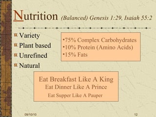 N utrition  (Balanced) Genesis 1:29, Isaiah 55:2 Variety Plant based Unrefined Natural 75% Complex Carbohydrates 10% Protein (Amino Acids) 15% Fats Eat Breakfast Like A King Eat Dinner Like A Prince Eat Supper Like A Pauper   