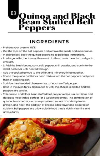 Quinoa and Black
Bean Stuffed Bell
Peppers
Preheat your oven to 375°F.
Cut the tops off the bell peppers and remove the se...