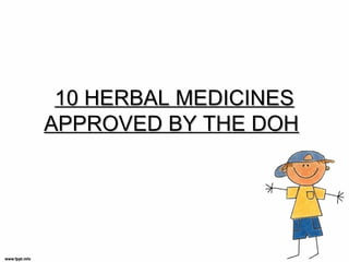 10 HERBAL MEDICINES10 HERBAL MEDICINES
APPROVED BY THE DOHAPPROVED BY THE DOH
 