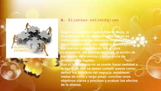 6. Alianzas estratégicas
Según el consultor Carlos Alberto Mejía, la
importancia de las alianzas estratégicas es
indiscutible ante los procesos de globalización,
las privatizaciones, los cambios tecnológicos,
los nuevos competidores, los grupos
económicos, las desregulaciones, la acción de
los fondos de inversión y la ausencia de
protecciones legales.
Eso sí, una alianza no se puede hacer realidad a
la ligera, ya que se deben cumplir pasos como:
definir los términos del negocio, establecer
metas de corto y largo plazo, conciliar unos
objetivos claros y precisos y evaluar los efectos
de la alianza.
 