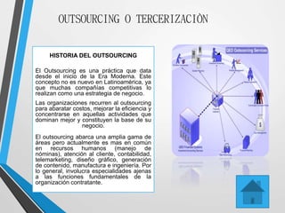 OUTSOURCING O TERCERIZACIÒN
HISTORIA DEL OUTSOURCING
El Outsourcing es una práctica que data
desde el inicio de la Era Moderna. Este
concepto no es nuevo en Latinoamérica, ya
que muchas compañías competitivas lo
realizan como una estrategia de negocio.
Las organizaciones recurren al outsourcing
para abaratar costos, mejorar la eficiencia y
concentrarse en aquellas actividades que
dominan mejor y constituyen la base de su
negocio.
El outsourcing abarca una amplia gama de
áreas pero actualmente es mas en común
en recursos humanos (manejo de
nóminas), atención al cliente, contabilidad,
telemarketing, diseño gráfico, generación
de contenido, manufactura e ingeniería. Por
lo general, involucra especialidades ajenas
a las funciones fundamentales de la
organización contratante.
 