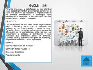 MARKETING
Para las empresas, la satisfacción de sus clientes
es un aspecto primordial. Sin embargo, para llevar a
cabo este objetivo, es necesaria la implementación
de diversas herramientas y estrategias que
contribuyan a "involucrar" a los consumidores con
un determinado producto o servicio.
OBJETIVOS :
Los encargados de esta área deben ingeniárselas
para convencer y hacer que los consumidores
prefieran su producto o servicio, y no el de otros.
Para ello, deben centrarse en los elementos que lo
diferencian de la competencia, entre los que se
encuentran: la calidad, la distribución y una
publicidad que impresione desde un principio.
Quienes crean y desarrollan un plan de marketing,
no pueden hacerlo de buenas a primeras.
ETAPAS:
Estudio y selección del mercado
Definición de las «Cuatro P»
Diseño de directrices
Posicionamiento
 