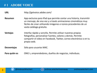 # 1 ADOBE VOICE 
2 
@AndreasWiechert andreas.wiechertvonnavay andreaswiechert.com 
URL http://getvoice.adobe.com/ 
Resumen...