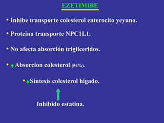 EZETIMIBE
• Inhibe transporte colesterol enterocito yeyuno.
• Proteina transporte NPC1L1.
• No afecta absorción trigliceridos.
• Absorcion colesterol (54%).
• Síntesis colesterol hígado.
Inhibido estatina.
 