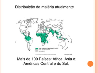 Distribuição da malária atualmente
Mais de 100 Países: África, Ásia e
Américas Central e do Sul.
 