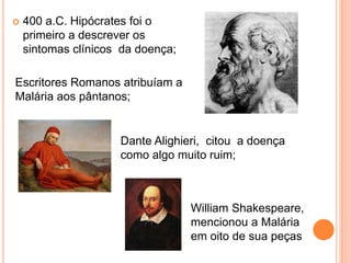 400 a.C. Hipócrates foi o
primeiro a descrever os
sintomas clínicos da doença;
William Shakespeare,
mencionou a Malária
em oito de sua peças
Dante Alighieri, citou a doença
como algo muito ruim;
Escritores Romanos atribuíam a
Malária aos pântanos;
 
