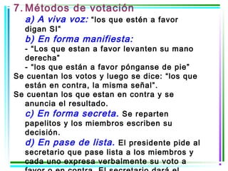 7. Métodos de votación
  a) A viva voz: “los que estén a favor
  digan SI”
  b) En forma manifiesta:
  - “Los que estan a favor levanten su mano
  derecha”
  - “los que están a favor pónganse de pie”
Se cuentan los votos y luego se dice: “los que
  están en contra, la misma señal”.
Se cuentan los que estan en contra y se
  anuncia el resultado.
  c) En forma secreta. Se reparten
  papelitos y los miembros escriben su
  decisión.
  d) En pase de lista. El presidente pide al
  secretario que pase lista a los miembros y
  cada uno expresa verbalmente su voto a
 