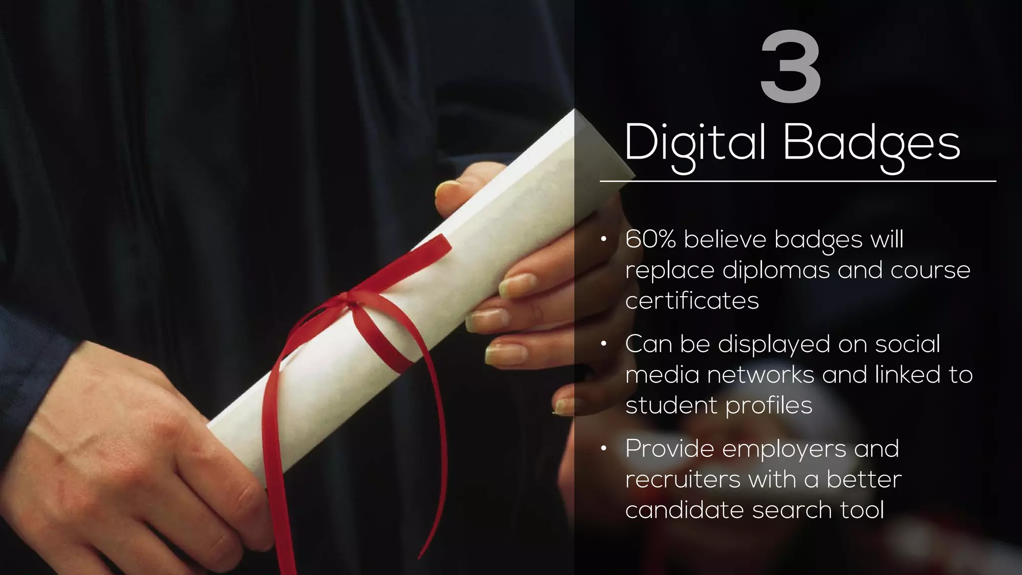 3 
Digital Badges 
• 60% believe badges will 
replace diplomas and course 
certificates 
• Can be displayed on social 
media networks and linked to 
student profiles 
• Provide employers and 
recruiters with a better 
candidate search tool 
 