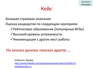 Кейс
Большая страховая компания
Оценка кандидатов по следующим критериям:
Рейтинговое образование (популярные ВУЗы)
Высокий уровень успеваемости
Рекомендации с других мест работы
Но анализ данных показал другое…..
Insurance
Company
Бабушкин Эдуард
http://www.linkedin.com/pub/edward-babushkin/1b/839/75
edvb@yandex.ru
 