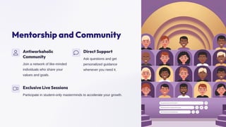 Mentorship and Community
Antiworkaholic
Community
Join a network of like-minded
individuals who share your
values and goals.
Direct Support
Ask questions and get
personalized guidance
whenever you need it.
Exclusive Live Sessions
Participate in student-only masterminds to accelerate your growth.
 