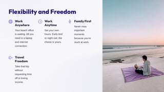 Flexibility and Freedom
Work
Anywhere
Your beach office
is waiting. All you
need is a laptop
and internet
connection.
Work
Anytime
Set your own
hours. Early bird
or night owl, the
choice is yours.
Family First
Never miss
important
moments
because you're
stuck at work.
Travel
Freedom
Take that trip
without
requesting time
off or losing
income.
 