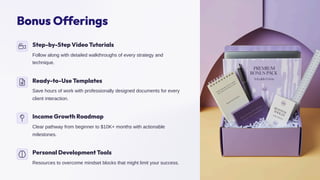 Bonus Offerings
Step-by-Step Video Tutorials
Follow along with detailed walkthroughs of every strategy and
technique.
Ready-to-Use Templates
Save hours of work with professionally designed documents for every
client interaction.
Income Growth Roadmap
Clear pathway from beginner to $10K+ months with actionable
milestones.
Personal Development Tools
Resources to overcome mindset blocks that might limit your success.
 