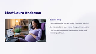 Meet Laura Anderson
Success Story
Laura "hates working, but likes money" - her words, not ours!
She maintained a six-figure income throughout her pregnancy.
Laura built a business model that maximizes income while
minimizing work hours.
 