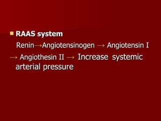 RAAS system Renin -> Angiotensinogen  ->  Angiotensin I ->   Angiothesin II  ->  Increase   systemic arterial pressure 