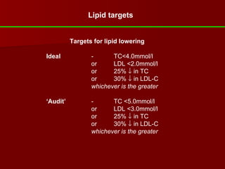 Targets for lipid lowering Ideal - TC<4.0mmol/l or LDL <2.0mmol/l or 25%    in TC or 30%    in LDL-C whichever is the greater ‘ Audit’ - TC <5.0mmol/l or LDL <3.0mmol/l or 25%    in TC or 30%    in LDL-C whichever is the greater Lipid targets 