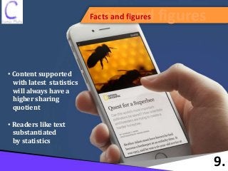 Facts and figuresFacts and figures
9.
• Content supported
with latest statistics
will always have a
higher sharing
quotient
• Readers like text
substantiated
by statistics
 