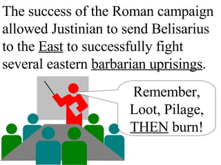 The success of the Roman campaign allowed Justinian to send Belisarius to the  East  to successfully fight several eastern  barbarian uprisings .  Remember, Loot, Pilage, THEN  burn! 