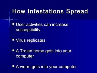 How IInnffeessttaattiioonnss SSpprreeaadd 
 UUsseerr aaccttiivviittiieess ccaann iinnccrreeaassee 
ssuusscceeppttiibbiilliittyy 
 VViirruuss rreepplliiccaatteess 
 AA TTrroojjaann hhoorrssee ggeettss iinnttoo yyoouurr 
ccoommppuutteerr 
 AA wwoorrmm ggeettss iinnttoo yyoouurr ccoommppuutteerr 
 