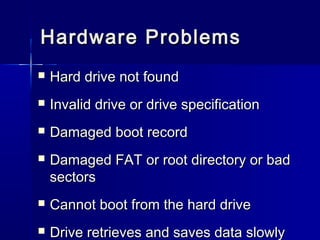 HHaarrddwwaarree PPrroobblleemmss 
 HHaarrdd ddrriivvee nnoott ffoouunndd 
 IInnvvaalliidd ddrriivvee oorr ddrriivvee ssppeecciiffiiccaattiioonn 
 DDaammaaggeedd bboooott rreeccoorrdd 
 DDaammaaggeedd FFAATT oorr rroooott ddiirreeccttoorryy oorr bbaadd 
sseeccttoorrss 
 CCaannnnoott bboooott ffrroomm tthhee hhaarrdd ddrriivvee 
 DDrriivvee rreettrriieevveess aanndd ssaavveess ddaattaa sslloowwllyy 
 