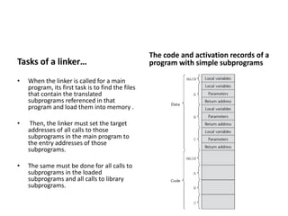 Tasks of a linker…
• When the linker is called for a main
program, its first task is to find the files
that contain the translated
subprograms referenced in that
program and load them into memory .
• Then, the linker must set the target
addresses of all calls to those
subprograms in the main program to
the entry addresses of those
subprograms.
• The same must be done for all calls to
subprograms in the loaded
subprograms and all calls to library
subprograms.
The code and activation records of a
program with simple subprograms
 