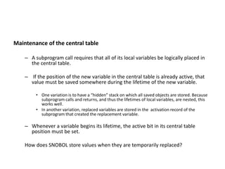 Maintenance of the central table
– A subprogram call requires that all of its local variables be logically placed in
the central table.
– If the position of the new variable in the central table is already active, that
value must be saved somewhere during the lifetime of the new variable.
• One variation is to have a “hidden” stack on which all saved objects are stored. Because
subprogram calls and returns, and thus the lifetimes of local variables, are nested, this
works well.
• In another variation, replaced variables are stored in the activation record of the
subprogram that created the replacement variable.
– Whenever a variable begins its lifetime, the active bit in its central table
position must be set.
How does SNOBOL store values when they are temporarily replaced?
 