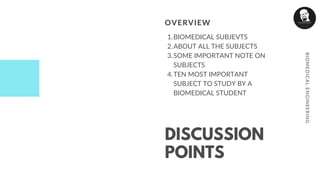 DISCUSSION
POINTS
OVERVIEW
BIOMEDICAL SUBJEVTS
ABOUT ALL THE SUBJECTS
SOME IMPORTANT NOTE ON
SUBJECTS
TEN MOST IMPORTANT
SUBJECT TO STUDY BY A
BIOMEDICAL STUDENT
1.
2.
3.
4.
BIOMEDICALENGINEERING
 