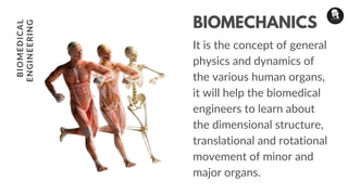 It is the concept of general
physics and dynamics of
the various human organs,
it will help the biomedical
engineers to learn about
the dimensional structure,
translational and rotational
movement of minor and
major organs.
BIOMECHANICSBIOMEDICAL
ENGINEERING
 