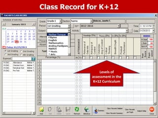 Class Record for K+12
Levels of
assessment in the
K+12 Curriculum
 