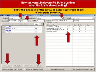 How can you submit your F-18A on due time
when the S/Y is almost ending?
Follow the direction of the arrow to enter your grade sheet
in the grade summary
 