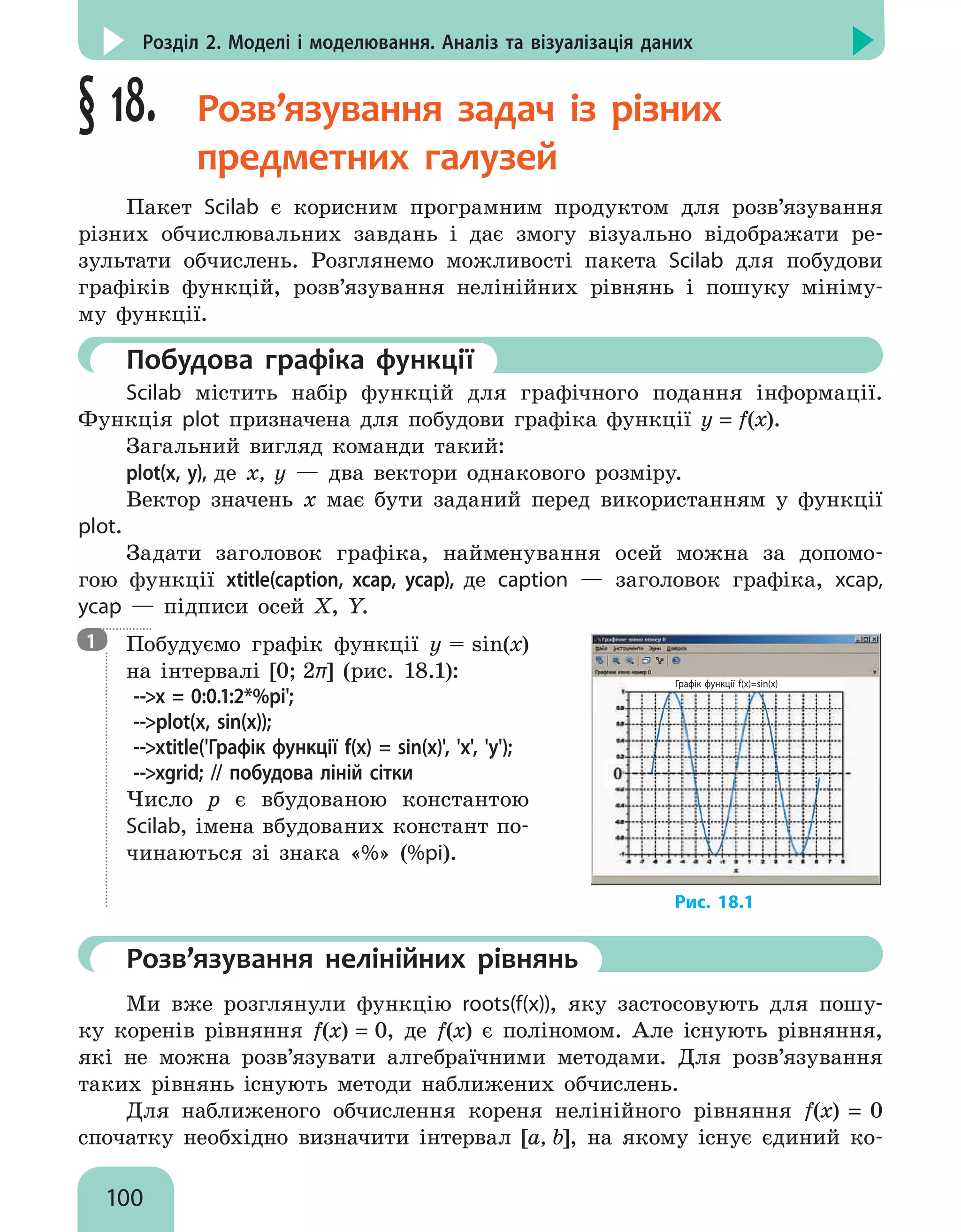 100
Розділ 2. Моделі і моделювання. Аналіз та візуалізація даних
§ 18. Розв’язування задач із різних
предметних галузей
Пакет Scilab є корисним програмним продуктом для розв’язування
різних обчислювальних завдань і дає змогу візуально відображати ре-
зультати обчислень. Розглянемо можливості пакета Scilab для побудови
графіків функцій, розв’язування нелінійних рівнянь і пошуку мініму-
му функції.
	Побудова графіка функції
Scilab містить набір функцій для графічного подання інформації.
Функція plot призначена для побудови графіка функції у = f(x).
Загальний вигляд команди такий:
plot(x, y), де x, y — два вектори однакового розміру.
Вектор значень х має бути заданий перед використанням у функції
plot.
Задати заголовок графіка, найменування осей можна за допомо-
гою функції xtitle(caption, xcap, ycap), де caption — заголовок графіка, xcap,
ycap — підписи осей X, Y.
Побудуємо графік функції у = sin(x)
на інтервалі [0; 2π] (рис. 18.1):
--x = 0:0.1:2*%pi';
--plot(x, sin(x));
--xtitle('Графік функції f(x) = sin(x)', 'x', 'y');
--xgrid; // побудова ліній сітки
Число p є вбудованою константою
Scilab, імена вбудованих констант по-
чинаються зі знака «%» (%pi).
Графік функції f(x)=sin(x)
Рис. 18.1
	 Розв’язування нелінійних рівнянь
Ми вже розглянули функцію roots(f(x)), яку застосовують для пошу-
ку коренів рівняння f(x) = 0, де f(x) є поліномом. Але існують рівняння,
які не можна розв’язувати алгебраїчними методами. Для розв’язування
таких рівнянь існують методи наближених обчислень.
Для наближеного обчислення кореня нелінійного рівняння f(x) = 0
спочатку необхідно визначити інтервал [a, b], на якому існує єдиний ко-
1
 