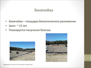 • Биоячейка – площадка биологического разложения
• Цикл ~ 15 лет
• Планируется получение биогаза
Биоячейка
11
Информация получена от Агнесе Ванаги и Аделе Эрты
 