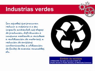 Industrias verdes
Son aquelas que procuran
reducir a máximo e o seu
impacto ambiental nas etapas
de produción, distribución e
consumo mediante a reciclaxe
e reutilización de materiais, a
redución de emisións
contaminantes, a utilización
de fontes de enerxía renovables,
etc.
Símbolo da reciclaxe
ATRIBUCIÓN: By Sefer (Unicode U+267C )♼
[Public domain or Public domain], via Wikimedia Commons
 