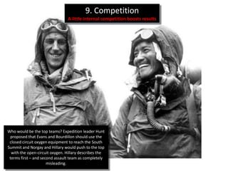 9. Competition
                                 A little internal competition boosts results




Who would be the top teams? Expedition leader Hunt
 proposed that Evans and Bourdillon should use the
 closed circuit oxygen equipment to reach the South
Summit and Norgay and Hillary would push to the top
  with the open-circuit oxygen. Hillary describes the
 terms first – and second assault team as completely
                      misleading.
 