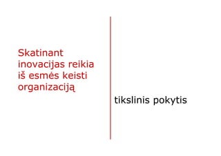 Skatinant
inovacijas reikia
iš esmės keisti
organizaciją
                    tikslinis pokytis
 