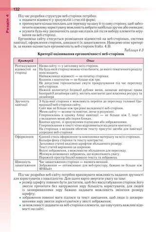 132оздл
Під час розробки структури веб-сторінок потрібно:
подавати відомості у зрозумілій і стислій формі;
пропонувати кілька посилань для переходу на одну й ту саму сторінку, щоб забез-
печити кожному користувачу можливість вибрати найбільш зручне або очевидне;
усувати будь-яку двозначність щодо наслідків дій після вибору елементів керу-
вання на веб-сторінці .
Ергономіка сайту стосується розміщення відомостей на веб-сторінках, системи 
навігації, оформлення сторінок, швидкості їх завантаження . Наведемо опис критері-
їв, за якими оцінюється ергономічність веб-сторінок (табл . 4 .3) .
Таблиця 4.3
Критерії оцінювання ергономічності веб-сторінок
Êритåріé Îïис
Розташування 
відомостей  на 
сторінці
Назва сайту — у заголовку всіх сторінок .
На будь-якій сторінці можна чітко бачити, до якого тематичного розділу 
вона входить .
Найважливіші відомості — на початку сторінки .
Колонок з контентом — не більше ніж три .
Не  допустимі  горизонтальні  смуги  прокручування  під  час  перегляду 
веб-сторінки .
Нижній  колонтитул  (підвал)  дублює  меню,  зазначає  авторські  права 
(копірайт) дизайнера сайту, містить контактні дані власника ресурсу та 
дизайнера
Зручність 
навігації
З будь-якої сторінки є можливість перейти до перегляду головної (до-
машньої) веб-сторінки сайту .
Сайт має не більше ніж три рівні вкладеності веб-сторінок .
Меню сайту — велике та помітне, легке в розумінні .
Гіперпосилань  в  одному  блоці  навігації  —  не  більше  ніж  7,  інші  –
у вкладених меню або інших блоках .
Кнопки крупні, зі зрозумілими підписами або зображеннями .
Гіперпосилання в тексті чітко відрізняються від решти контенту .
На сторінках з великим обсягом тексту присутні засоби для навігації 
усередині веб-сторінки
Оформлення Єдиний стиль оформлення та компоновки матеріалу на всіх сторінках .
Кольори фону сторінки та тексту контрастні .
Заголовки статей виділено шрифтом збільшеного розміру .
Текст статей вирівняно за шириною .
Якісні зображення, з можливістю збільшення для перегляду .
Мінімум анімованих зображень, що відволікають увагу .
Порожній простір (поля) навколо тексту та зображень
Швидкість 
завантаження
Час завантаження сторінки — якомога менший .
Зображення — оптимізовані для веб-простору, бажано не більше ніж 
40 Кбайт
Під час розробки веб-сайту потрібно враховувати можливість надання зручності 
для користувачів з інвалідністю . Для цього варто звертати увагу на таке:
розмір шрифту повинен бути достатнім, щоб без масштабування сторінок його 
змогли  прочитати  без  напруження  зору  більшість  користувачів;  для  людей 
із  захворюваннями  зору  бажано  надавати  можливість  змінення  розміру 
шрифту;
зображення повинні мати підписи та текст заміщення, щоб люди із захворю-
ваннями зору змогли зорієнтуватися у змісті зображення;
за можливості додавати на веб-сторінки елементи, що озвучують важливі відо-
мості на сайті .
 