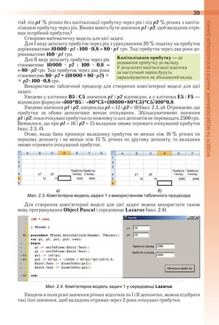 39
тів): під р1 % річних без капіталізації прибутку через рік і під р2 % річних з капіта-
лізацією прибутку через рік . Якими мають бути значення р1 і р2, щоб вкладник отри-
мав потрібний прибуток?
Створимо математичну модель для цієї задачі .
Для I виду депозиту прибуток через рік з урахуванням 20 % податку на прибуток 
дорівнюватиме 10000 · р1 : 100 · 0,8 80 · р1 грн . Тоді прибуток через два роки до-
рівнюватиме 160 · р1 грн .
Для II виду депозиту прибуток через рік 
становитиме  10000 · р2 : 100 · 0,8  
80 · р2 грн . Тоді прибуток через два роки 
становитиме 80 · р2 + (10000 + 80 · р2) 
 р2 : 100 · 0,8 грн .
Використаємо табличний процесор для створення комп’ютерної моделі для цієї 
задачі .
Уведемо у клітинки B5 і C5 значення р1 і р2 відповідно, а у клітинки E5 i F5 — 
відповідно формули  160*B5 i  80*C5+(10000+80*C5)*C5/100*0,8 .
Уведемо значення р1 і р2, наприклад р1   12 і р2   10 (мал . 2 .3, а) . Отримаємо, що 
прибутки  за  обома  депозитами  менше  очікуваних .  Збільшуватимемо  значення 
р1 і р2, поки очікувані прибутки по кожному із цих депозитів не перевищать 2500 грн . 
Вия вилося, що при р1   16 і р2   15 вкладник зможе отримати очікуваний прибуток 
(мал . 2 .3, б) .
Отже, якщо банк пропонує вкладнику прибуток не менше ніж 16 % річних по 
першому депозиту і не менше ніж 15 % річних по другому депозиту, то вкладник 
зможе отримати очікуваний прибуток .
 
а
ал. . о терна одель задачі 1 з використання та личного ро есора
Для  створення  комп’ютерної  моделі  для  цієї  задачі  можна  використати  також 
мову програмування Object Pascal і середовище Lazarus (мал . 2 .4) .
ал. . . о терна одель задачі 1 у середови і Lazarus
Уводячи в поля різні значення річних відсотків по І і ІІ депозитах, можна підібрати 
такі їхні значення, щоб вкладник отримав через 2 роки очікувані прибутки .
Капіталізація прибутку — це 
додавання прибутку до вкладу . 
У результаті ка піталізації відсотки 
за наступний період будуть 
нараховуватися на збільшений вклад .
 