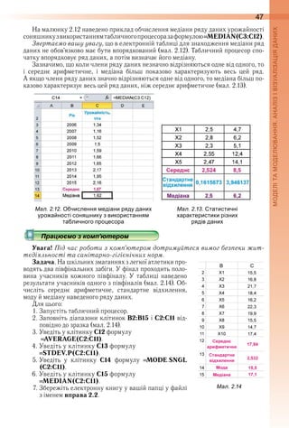 47
На малюнку 2 .12 наведено приклад обчислення медіани ряду даних урожайності 
соняшнику з використанням табличного процесора за формулою  MEDIAN(С3:С12) .
Звертаємо вашу увагу, що в електронній таблиці для знаходження медіани ряд 
даних не обов’язково має бути впорядкований (мал . 2 .12) . Табличний процесор спо-
чатку впорядковує ряд даних, а потім визначає його медіану .
Зазначимо, що коли члени ряду даних незначно відрізняються одне від одного, то 
і  середнє  арифметичне,  і  медіана  більш  показово  характеризують  весь  цей  ряд . 
А якщо члени ряду даних значно відрізняються одне від одного, то медіана більш по-
казово характеризує весь цей ряд даних, ніж середнє арифметичне (мал . 2 .13) .
 
ал. . . числення едіани ряду дани
уро а ності соня нику з використання
та личного ро есора
ал. . . татистичні
арактеристики різни
рядів дани
Працюємо з комп’ютером
Увага! Під час роботи з комп’ютером дотримуйтеся вимог безпеки жит-
тєдіяльності та санітарно-гігієнічних норм.
Задача . На шкільних змаганнях з легкої атлетики про-
водять два півфінальних забіги . У фінал проходить поло-
вина  учасників  кожного  пів фіналу .  У  таблиці  наведено 
результати учасників одного з  півфіналів (мал . 2 .14) . Об-
числіть  середнє  арифметичне,  стандартне  відхилення, 
моду й медіану наведеного ряду даних .
Для цього:
1 . Запустіть табличний процесор .
2 . Заповніть діапазони клітинок B2:B15 і C2:C11 від-
повідно до зразка (мал . 2 .14) .
3 . Уведіть у клітинку С12 формулу
  AVERAGE(C2:C11) .
4 . Уведіть у клітинку С13 формулу 
STDEV.P(C2:C11) .
5 . Уведіть  у  клітинку  С14  формулу  MODE .SNGL
(C2:C11) .
6 . Уведіть у клітинку С15 формулу 
MEDIAN(C2:C11) .
7 . Збережіть електронну книгу у вашій папці у файлі 
з іменем вправа 2.2 .
Працюємо з комп’ютеромПрацюємо з комп’ютеромПрацюємо з комп’ютеромПрацюємо з комп’ютеромПрацюємо з комп’ютеромПрацюємо з комп’ютеромПрацюємо з комп’ютеромПрацюємо з комп’ютеромПрацюємо з комп’ютеромПрацюємо з комп’ютеромПрацюємо з комп’ютеромПрацюємо з комп’ютеромПрацюємо з комп’ютеромПрацюємо з комп’ютеромПрацюємо з комп’ютеромПрацюємо з комп’ютеромПрацюємо з комп’ютеромПрацюємо з комп’ютеромПрацюємо з комп’ютеромПрацюємо з комп’ютеромПрацюємо з комп’ютеромПрацюємо з комп’ютеромПрацюємо з комп’ютеромПрацюємо з комп’ютеромПрацюємо з комп’ютеромПрацюємо з комп’ютеромПрацюємо з комп’ютеромПрацюємо з комп’ютеромПрацюємо з комп’ютеромПрацюємо з комп’ютеромПрацюємо з комп’ютеромПрацюємо з комп’ютеромПрацюємо з комп’ютеромПрацюємо з комп’ютеромПрацюємо з комп’ютеромПрацюємо з комп’ютеромПрацюємо з комп’ютеромПрацюємо з комп’ютеромПрацюємо з комп’ютеромПрацюємо з комп’ютеромПрацюємо з комп’ютеромПрацюємо з комп’ютеромПрацюємо з комп’ютеромПрацюємо з комп’ютеромПрацюємо з комп’ютеромПрацюємо з комп’ютеромПрацюємо з комп’ютеромПрацюємо з комп’ютеромПрацюємо з комп’ютеромПрацюємо з комп’ютеромПрацюємо з комп’ютеромПрацюємо з комп’ютеромПрацюємо з комп’ютеромПрацюємо з комп’ютеромПрацюємо з комп’ютеромПрацюємо з комп’ютеромПрацюємо з комп’ютеромПрацюємо з комп’ютеромПрацюємо з комп’ютеромПрацюємо з комп’ютеромПрацюємо з комп’ютеромПрацюємо з комп’ютеромПрацюємо з комп’ютеромПрацюємо з комп’ютеромПрацюємо з комп’ютеромПрацюємо з комп’ютеромПрацюємо з комп’ютеромПрацюємо з комп’ютеромПрацюємо з комп’ютеромПрацюємо з комп’ютеромПрацюємо з комп’ютеромПрацюємо з комп’ютеромПрацюємо з комп’ютеромПрацюємо з комп’ютеромПрацюємо з комп’ютеромПрацюємо з комп’ютеромПрацюємо з комп’ютеромПрацюємо з комп’ютеромПрацюємо з комп’ютеромПрацюємо з комп’ютеромПрацюємо з комп’ютеромПрацюємо з комп’ютеромПрацюємо з комп’ютеромПрацюємо з комп’ютеромПрацюємо з комп’ютеромПрацюємо з комп’ютеромПрацюємо з комп’ютеромПрацюємо з комп’ютеромПрацюємо з комп’ютеромПрацюємо з комп’ютеромПрацюємо з комп’ютеромПрацюємо з комп’ютеромПрацюємо з комп’ютеромПрацюємо з комп’ютеромПрацюємо з комп’ютеромПрацюємо з комп’ютеромПрацюємо з комп’ютеромПрацюємо з комп’ютеромПрацюємо з комп’ютеромПрацюємо з комп’ютеромПрацюємо з комп’ютеромПрацюємо з комп’ютеромПрацюємо з комп’ютеромПрацюємо з комп’ютеромПрацюємо з комп’ютеромПрацюємо з комп’ютеромПрацюємо з комп’ютеромПрацюємо з комп’ютеромПрацюємо з комп’ютеромПрацюємо з комп’ютеромПрацюємо з комп’ютеромПрацюємо з комп’ютеромПрацюємо з комп’ютеромПрацюємо з комп’ютеромПрацюємо з комп’ютеромПрацюємо з комп’ютеромПрацюємо з комп’ютеромПрацюємо з комп’ютеромПрацюємо з комп’ютеромПрацюємо з комп’ютеромПрацюємо з комп’ютеромПрацюємо з комп’ютеромПрацюємо з комп’ютеромПрацюємо з комп’ютеромПрацюємо з комп’ютеромПрацюємо з комп’ютеромПрацюємо з комп’ютеромПрацюємо з комп’ютеромПрацюємо з комп’ютеромПрацюємо з комп’ютеромПрацюємо з комп’ютеромПрацюємо з комп’ютеромПрацюємо з комп’ютеромПрацюємо з комп’ютеромПрацюємо з комп’ютеромПрацюємо з комп’ютеромПрацюємо з комп’ютеромПрацюємо з комп’ютеромПрацюємо з комп’ютеромПрацюємо з комп’ютеромПрацюємо з комп’ютеромПрацюємо з комп’ютеромПрацюємо з комп’ютеромПрацюємо з комп’ютеромПрацюємо з комп’ютеромПрацюємо з комп’ютеромПрацюємо з комп’ютеромПрацюємо з комп’ютеромПрацюємо з комп’ютеромПрацюємо з комп’ютеромПрацюємо з комп’ютером
ал. .
 