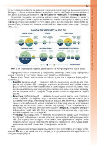 53
Їх часто можна побачити на екранах телевізорів, різних сайтах, рекламних щитах 
(білбордах), під час презентацій нових товарів або подій тощо . Графічне подання відомос-
тей, даних різних видів називають інформаційною графікою, або інфографікою .
Психологи  твердять,  що  людина  значно  краще  сприймає  відомості,  якщо  їх 
 подано з використанням графічних зображень, комбінацією графіки, тексту, чисел . 
Інфографіку широко використовують перш за все для покращення сприйняття ве-
ликого обсягу відомостей, а також відомостей, що мають досить складну структуру 
(мал . 2 .22) .
ал. . . н огра іка видатків дер д ету на 01 рік орівняно з 01 роко
Інфографіку  часто  створюють  у  графічному  редакторі .  Нескладну  інфографіку 
можна створити в текстовому процесорі, у редакторі презентацій .
Також  існує  багато  спеціальних  онлайн-ресурсів  для  створення  інфографіки . 
 Наприклад,
Easel.ly (www .easel .ly) — пропонує набір безкоштовних шаблонів для ство-
рення  інфографіки .  Усі  структурні  елементи  майбутньої  інфографіки  можна 
редагувати і налаштувати на свій смак . У цьому сервісі є також бібліотека гото-
вих форм, стрілок, покажчиків і ліній для створення блок-схем, легке налашту-
вання колірних палітр і шрифтів . Також можна додавати зображення з носіїв 
даних;
Іnfogr.am  (infogram .com)  —  частково  безкоштовний  ресурс  для  створення 
схем, графіків і географічних карт з можливістю завантаження відео та фото 
для створення інтерактивної інфографіки . Усі дані для майбутньої інфографіки 
заносяться в таблицю . Їх можна редагувати в будь-який момент, а вбудований 
генератор  автоматично  оновить  готову  інфографіку .  Після  завершення  всіх 
правок результат можна опублікувати на сайті Infogram, вбудувати створену 
інфографіку у свій сайт або блог, а також поділитися посиланням із друзями, 
використовуючи соціальні мережі;
Venngage  (venngage .com)  –  частково  безкоштовний  ресурс  для  створення 
і публікації інфографіки з досить простим у використанні набором можливос-
тей . Для користувачів доступні готові схеми, теми оформлення, графіки та пік-
тограми, також можна завантажити авторські зображення і тло . Серед додат-
кових можливостей є можливість створювати анімацію
та ін .
У всіх наведених прикладах ресурсів для створення інфографіки інтерфейс англо-
мовний . На жаль, на даний час відсутні ресурси з україномовним інтерфейсом для 
створення інфографіки .
 