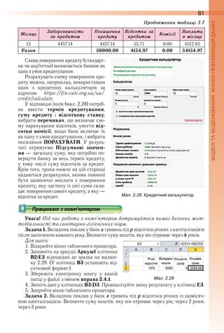 61
Ìісÿцü
Çаáорãованістü
за крåдитоì
Ïоãашåннÿ
крåдитó
Âідсотки за
крåдитоì
Êоìісії
Âиïлати
в ìісÿцü
12 4457 .14 4457 .14 55 .71 0 .00 4512 .85
Разом 50000.00 4154.97 0.00 54154.97
Схема повернення кредиту (стандарт-
на чи ануїтетна) визначається банком як 
одна з умов кредитування .
Розрахувати схему повернення кре-
диту можна, наприклад, використавши 
один  з  кредитних  калькуляторів  за 
адресою  https://fin-calc .org .ua/ua/ 
credit/calculate .
У відповідні поля (мал . 2 .28) потріб-
но  ввести  термін кредитування, 
суму кредиту  і  відсоткову ставку, 
вибрати перемикач, що визначає схе-
му нарахування відсотків, увести від-
сотки комісії,  якщо  банк  включає  їх 
як одну з умов кредитування, і вибрати 
посилання ПОРАХУВАТИ . У резуль-
таті  отримуємо  Підсумкові значен-
ня — загальну суму, яку потрібно по-
вернути банку за весь термін кредиту, 
у тому числі суму відсотків за кредит . 
Крім того, трохи нижче на цій сторінці 
надаються розрахунки, якими повинні 
бути  щомісячні  виплати  з  повернення 
кредиту, яку частину із цієї суми скла-
дає повернення самого кредиту, а яку — 
відсотки за кредит .
Увага! Під час роботи з комп’ютером дотримуйтеся вимог безпеки жит-
тєдіяльності та санітарно-гігієнічних норм.
Задача 1. Вкладник поклав у банк x гривень під р відсотків річних з капіталі зацією 
після закінчення кожного року . Визначте суму коштів, яку він отримає через k років .
Для цього:
1 . Відкрийте вікно табличного процесора .
2 . Заповніть на аркуші Аркуш1 клітинки 
В2:Е3 відповідно до зразка на малюн-
ку 2 .29 . (У клітинці В3 установіть від-
сотковий формат .)
3 . Збережіть  електронну  книгу  у  вашій 
папці у файлі з іменем вправа 2.4.1 .
4 . Змініть дані у клітинках В3:D3 . Проаналізуйте зміну результату у клітинці Е3 .
5 . Закрийте вікно табличного процесора .
Задача 2. Вкладник поклав у банк x гривень під р відсотків річних із щомісяч-
ною капіталізацією . Визначте суму коштів, яку він отримає через рік; через 2 роки; 
через 3 роки .
  
ал. . . редитни калькулятор
ал. .
Ïродовæåннÿ таáлиці 2.7
 