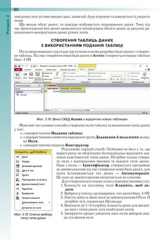 90оздл
повідному полі усі вже введені дані, зазвичай, буде втрачено та доведеться їх уводити 
знову .
Що менше обсяг даних, то швидше відбувається опрацювання даних . Тому під 
час проектування баз даних намагаються мінімізувати обсяги даних за рахунок ра-
ціонального використання даних різних типів .
СТВОРЕННЯ ТАБЛИЦЬ ДАНИХ
З ВИКОРИСТАННЯМ ПОДАННЯ ТАБЛИЦІ
Після моделювання структури наступним етапом розробки бази даних є створен-
ня таблиць . Під час створення нової бази даних в Access створюється перша таблиця 
(мал . 3 .18) .
ал. . . ікно Access з відкрито ново та ли е
Можливі такі основні способи створення полів таблиці та визначення типів даних 
у них:
з використанням Подання таблиці;
з використанням елементів керування групи Додавання й видалення вклад-
ки Поля;
з використанням подання Конструктор .
Розглянемо перший спосіб . Особливістю його є те, що 
користувачу не обов’язково безпосередньо вказувати зна-
чення властивостей типів даних . Потрібно тільки створи-
ти  поля  з  відповідними  іменами  та  вказати  типи  даних . 
Одне з полів — Ідентифікатор, створюється програмою 
за замовчуванням під час створення нової бази  даних, для 
нього  встановлюється  тип  даних  —  Автонумерація . 
Це поле за замовчуванням визначається як ключове .
Для створення всіх інших полів з певними іменами слід:
1 . Клацнути  на  заголовку  поля  Клацніть, щоб до-
дати .
2 . Вибрати у списку, що відкрився, тип даних (мал . 3 .19) .
3 . Увести замість імені поля за замовчуванням (Поле 1)
          потрібне ім’я, наприклад Прізвище .
4 . Виконати дії 1–3 потрібну кількість разів для введен-
          ня імен і типів даних усіх необхідних полів .
5 . Завершити процес уведення імен полів вибором ряд-
         ка під іменем поля .
ал. . . исок (ви ору
ти у) ти ів дани
 