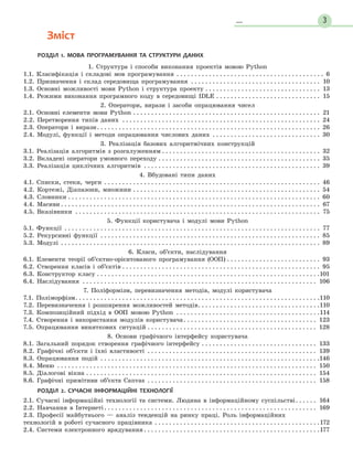  ﻿... 3
	   Зміст
РОЗДІЛ 1. МОВА ПРОГРАМУВАННЯ ТА СТРУКТУРИ ДАНИХ
1. Структура і способи виконання проектів мовою Python
1.1. Класифікація і складові мов програмування . . . . . . . . . . . . . . . . . . . . . . . . . . . . . . . . . . . . . . . . . . 6
1.2. Призначення і склад середовища програмування . . . . . . . . . . . . . . . . . . . . . . . . . . . . . . . . . . . . . 10
1.3. Основні можливості мови Python і структура проекту . . . . . . . . . . . . . . . . . . . . . . . . . . . . . . . . . 13
1.4. Режими виконання програмного коду в середовищі IDLE . . . . . . . . . . . . . . . . . . . . . . . . . . . . . . 15
2. Оператори, вирази і засоби опрацювання чисел
2.1. Основні елементи мови Python . . . . . . . . . . . . . . . . . . . . . . . . . . . . . . . . . . . . . . . . . . . . . . . . . . . . . 21
2.2. Перетворення типів даних . . . . . . . . . . . . . . . . . . . . . . . . . . . . . . . . . . . . . . . . . . . . . . . . . . . . . . . . 24
2.3. Оператори і вирази . . . . . . . . . . . . . . . . . . . . . . . . . . . . . . . . . . . . . . . . . . . . . . . . . . . . . . . . . . . . . . 26
2.4. Модулі, функції і методи опрацювання числових даних . . . . . . . . . . . . . . . . . . . . . . . . . . . . . . . 30
3. Реалізація базових алгоритмічних конструкцій
3.1. Реалізація алгоритмів з розгалуженням  . . . . . . . . . . . . . . . . . . . . . . . . . . . . . . . . . . . . . . . . . . . . 32
3.2. Вкладені оператори умовного переходу . . . . . . . . . . . . . . . . . . . . . . . . . . . . . . . . . . . . . . . . . . . . . . 35
3.3. Реалізація циклічних алгоритмів . . . . . . . . . . . . . . . . . . . . . . . . . . . . . . . . . . . . . . . . . . . . . . . . . . 39
4. Вбудовані типи даних
4.1. Списки, стеки, черги . . . . . . . . . . . . . . . . . . . . . . . . . . . . . . . . . . . . . . . . . . . . . . . . . . . . . . . . . . . . . 46
4.2. Кортежі, Діапазони, множини . . . . . . . . . . . . . . . . . . . . . . . . . . . . . . . . . . . . . . . . . . . . . . . . . . . . . 54
4.3. Словники . . . . . . . . . . . . . . . . . . . . . . . . . . . . . . . . . . . . . . . . . . . . . . . . . . . . . . . . . . . . . . . . . . . . . . . 60
4.4. Масиви  . . . . . . . . . . . . . . . . . . . . . . . . . . . . . . . . . . . . . . . . . . . . . . . . . . . . . . . . . . . . . . . . . . . . . . . . 67
4.5. Вказівники . . . . . . . . . . . . . . . . . . . . . . . . . . . . . . . . . . . . . . . . . . . . . . . . . . . . . . . . . . . . . . . . . . . . . 75
5. Функції користувача і модулі мови Python
5.1. Функції . . . . . . . . . . . . . . . . . . . . . . . . . . . . . . . . . . . . . . . . . . . . . . . . . . . . . . . . . . . . . . . . . . . . . . . . 77
5.2. Рекурсивні функції . . . . . . . . . . . . . . . . . . . . . . . . . . . . . . . . . . . . . . . . . . . . . . . . . . . . . . . . . . . . . . 85
5.3. Модулі . . . . . . . . . . . . . . . . . . . . . . . . . . . . . . . . . . . . . . . . . . . . . . . . . . . . . . . . . . . . . . . . . . . . . . . . . 89
6. Класи, об’єкти, наслідування
6.1. Елементи теорії об’єктно-орієнтованого програмування (ООП) . . . . . . . . . . . . . . . . . . . . . . . . . . . 93
6.2. Створення класів і об’єктів . . . . . . . . . . . . . . . . . . . . . . . . . . . . . . . . . . . . . . . . . . . . . . . . . . . . . . . . 95
6.3. Конструктор класу . . . . . . . . . . . . . . . . . . . . . . . . . . . . . . . . . . . . . . . . . . . . . . . . . . . . . . . . . . . . . . 101
6.4. Наслідування . . . . . . . . . . . . . . . . . . . . . . . . . . . . . . . . . . . . . . . . . . . . . . . . . . . . . . . . . . . . . . . . . . 106
7. Поліформізм, перевизначення методів, модулі користувача
7.1. Поліморфізм . . . . . . . . . . . . . . . . . . . . . . . . . . . . . . . . . . . . . . . . . . . . . . . . . . . . . . . . . . . . . . . . . . . 110
7.2. Перевизначення і розширення можливостей методів . . . . . . . . . . . . . . . . . . . . . . . . . . . . . . . . . 110
7.3. Композиційний підхід в ООП мовою Python . . . . . . . . . . . . . . . . . . . . . . . . . . . . . . . . . . . . . . . . 114
7.4. Створення і використання модулів користувача . . . . . . . . . . . . . . . . . . . . . . . . . . . . . . . . . . . . . 123
7.5. Опрацювання виняткових ситуацій . . . . . . . . . . . . . . . . . . . . . . . . . . . . . . . . . . . . . . . . . . . . . . . . 128
8. Основи графічного інтерфейсу користувача
8.1. Загальний порядок створення графічного інтерфейсу . . . . . . . . . . . . . . . . . . . . . . . . . . . . . . . . . 133
8.2. Графічні об’єкти і їхні властивості . . . . . . . . . . . . . . . . . . . . . . . . . . . . . . . . . . . . . . . . . . . . . . . . 139
8.3. Опрацювання подій . . . . . . . . . . . . . . . . . . . . . . . . . . . . . . . . . . . . . . . . . . . . . . . . . . . . . . . . . . . . . 146
8.4. Меню . . . . . . . . . . . . . . . . . . . . . . . . . . . . . . . . . . . . . . . . . . . . . . . . . . . . . . . . . . . . . . . . . . . . . . . . . 150
8.5. Діалогові вікна . . . . . . . . . . . . . . . . . . . . . . . . . . . . . . . . . . . . . . . . . . . . . . . . . . . . . . . . . . . . . . . . . 154
8.6. Графічні примітиви об’єкта Canvas . . . . . . . . . . . . . . . . . . . . . . . . . . . . . . . . . . . . . . . . . . . . . . . . 158
РОЗДІЛ 2. СУЧАСНІ ІНФОРМАЦІЙНІ ТЕХНОЛОГІЇ
2.1. Сучасні інформаційні технології та системи. Людина в інформаційному суспільстві . . . . . . 164
2.2. Навчання в Інтернеті . . . . . . . . . . . . . . . . . . . . . . . . . . . . . . . . . . . . . . . . . . . . . . . . . . . . . . . . . . . 169
2.3. Професії майбутнього — аналіз тенденцій на ринку праці. Роль інформаційних 	
технологій в роботі сучасного працівника . . . . . . . . . . . . . . . . . . . . . . . . . . . . . . . . . . . . . . . . . . . . . . 172
2.4. Системи електронного врядування  . . . . . . . . . . . . . . . . . . . . . . . . . . . . . . . . . . . . . . . . . . . . . . . . 177
 