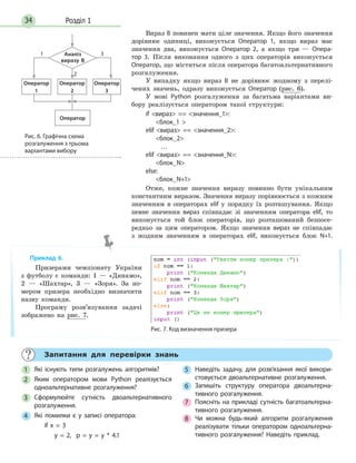 Розділ 134
Вираз B повинен мати ціле значення. Якщо його значення
дорівнює одиниці, виконується Оператор 1, якщо вираз має
значення два, виконується Оператор 2, а якщо три — Опера-
тор 3. Після виконання одного з цих операторів виконується
Оператор, що міститься після оператора багатоальтернативного
розгалуження.
У випадку якщо вираз В не дорівнює жодному з перелі-
чених значень, одразу виконується Оператор (рис. 6).
У мові Python розгалуження за багатьма варіантами ви-
бору реалізується оператором такої структури:
if вираз == значення_1:
блок_1 
elif вираз == значення_2:
блок_2
…
elif вираз == значення_N:
блок_N
else:
блок_N+1
Отже, кожне значення виразу повинно бути унікальним
константним виразом. Значення виразу порівнюється з кожним
значенням в операторах elif у порядку їх розташування. Якщо
певне значення вираз співпадає зі значенням оператора elif, то
виконується той блок операторів, що розташований безпосе-
редньо за цим оператором. Якщо значення вираз не співпадає
з жодним значенням в операторах elif, виконується блок N+1.
Приклад 6.
Призерами чемпіонату України
з футболу є команди: 1 — «Динамо»,
2 — «Шахтар», 3 — «Зоря». За но-
мером призера необхідно визначити
назву команди.
Програму розв’язування задачі  
зображено на рис. 7.
Рис. 7. Код визначення призера
Рис. 6. Графічна схема
розгалуження з трьома
варіантами вибору
3
2
1
Оператор
Аналіз
виразу В
Оператор
1
Оператор
2
Оператор
3
	 Запитання для перевірки знань
1 	 Які існують типи розгалужень алгоритмів?
2 	 Яким оператором мови Python реалізується
одноальтернативне розгалуження?
3 	 Сформулюйте сутність двоальтернативного
розгалуження.
4 	 Які помилки є у записі оператора:
		 if x = 3
		 y = 2, p = y = y * 4.1
5 	 Наведіть задачу, для розв’язання якої викори­
стовується двоальтернативне розгалуження.
6 	 Запишіть структуру оператора двоальтерна-
тивного розгалуження.
7 	 Поясніть на прикладі сутність багатоальтерна-
тивного розгалуження.
8 	 Чи можна будь-який алгоритм розгалуження
реалізувати тільки оператором одноальтерна-
тивного розгалуження? Наведіть приклад.
 