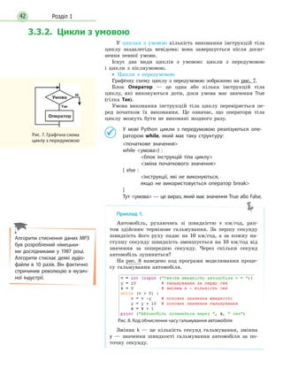 Розділ 142
У циклах з умовою кількість виконання інструкцій тіла
циклу заздалегідь невідома: вона завершується після досяг-
нення певної умови.
Існує два види циклів з умовою: цикли з передумовою
і  цикли з післяумовою.
•• Цикли з передумовою
Графічну схему циклу з передумовою зображено на рис. 7.
Блок Оператор — це одна або кілька інструкцій тіла
­циклу, які виконуються доти, доки умова має значення True
(гілка Так).
Умова виконання інструкцій тіла циклу перевіряється пе-
ред початком їх виконання. Це означає, що оператори тіла
циклу можуть бути не виконані жодного разу.
	 У мові Python цикли з передумовою реалізуються опе-
ратором while, який має таку структуру:
	 початкове значення
	 while умова) :
		 блок інструкцій тіла циклу
		 зміна початкового значення
	 [ else :
		 інструкції, які не виконуються,
		 якщо не використовується оператор break
	]
	Тут умова — це вираз, який має значення True або False.
3.3.2. Цикли з умовою
Рис. 7. Графічна схема
циклу з передумовою
Приклад 1.
Автомобіль, рухаючись зі швидкістю v км/год, рап-
том здійснює термінове гальмування. За першу секунду
швидкість його руху падає на 10 км/год, а за кожну на-
ступну секунду швидкість зменшується на 10 км/год від
значення за попередню секунду. Через скільки секунд
автомобіль зупиниться?
На рис. 8 наведено код програми моделювання проце-
су гальмування автомобіля.
Змінна k — це кількість секунд гальмування, змінна
y — значення швидкості гальмування автомобіля за по-
точну секунду.
Рис. 8. Код обчислення часу гальмування автомобіля
Алгоритм стиснення даних МРЗ
був розроблений німецьки-
ми дослідниками у 1987 році.
Алгоритм стискає деякі аудіо-
файли в 10 разів. Він фактично
спричинив революцію в музич-
ної індустрії.
 
