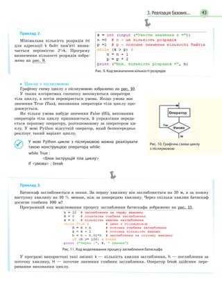 3. Реалізація базових... 43
•• Цикли з післяумовою
Графічну схему циклу з післяумовою зображено на рис. 10.
У таких алгоритмах спочатку виконуються оператори
тіла циклу, а потім перевіряється умова. Якщо умова має
значення True (Так), виконання операторів тіла циклу про-
довжується.
Як тільки умова набуде значення False (Ні), виконання
операторів тіла циклу припиняється, й управління переда-
ється першому оператору, розташованому за оператором ци-
клу. У мові Python відсутній оператор, який безпосередньо
реалізує такий варіант циклу.
	 У мові Python цикли з післяумовою можна реалізувати
такою конструкцією оператора while:
	 while True :
		 блок інструкцій тіла циклу
	 if умова : break
Приклад 2.
Мінімальна кількість розрядів (n)
для адресації k байт пам’яті визна-
чається нерівністю 2n
k. Програму
визначення кількості розрядів зобра-
жено на рис. 9.
Рис. 9. Код визначення кількості розрядів
Рис. 10. Графічна схема циклу
з післяумовою
Приклад 3.
Батискаф заглиблюється в океан. За першу хвилину він заглиблюється на 10 м, а за кожну
наступну хвилину на 10 % менше, ніж за попередню хвилину. Через скільки хвилин батискаф
досягне глибини 100 м?
Програмний код моделювання процесу заглиблення батискафа зображено на рис. 11.
У програмі використані такі змінні: k — кількість хвилин заглиблення, h — поглиблення за
поточну хвилину, H — поточне значення глибини заглиблення. Оператор break здійснює пере-
ривання виконання циклу.
Рис. 11. Код моделювання процесу заглиблення батискафа
 