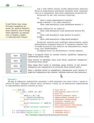 Розділ 1106
Але в мові Python існують засоби перехоплення винятків.
Після їх опрацювання виконання програми може продовжи-
тися до її завершення. Для цього призначена інструкція try.
Інструкція try має таку загальну структуру:
try :
блок, у якому перехоплюється виняток
[except [виняток 1 [as об’єкт винятку]]:
блок, який виконується в разі виникнення винятку 1
…
[except [виняток N [as об’єкт]]:
блок, який виконується в разі виникнення винятку N]]
[else:
блок, який виконується, якщо виняток не виник]
[finally:
блок, який виконується в будь-якому випадку]
Інструкції, винятки яких необхідно перехоплювати, мають
розміщуватися всередині блока try. У параметрі виняток бло-
ка except вказується клас винятку, що опрацьовується, напри-
клад, клас ZeroDivisionError.
Інструкції блока try виконуються в такому порядку.
Крок 1
Якщо в інструкціях блока try виникає виняток, управління передається
найближчому блоку except.
Крок 2
Якщо виняток не відповідає класу цього блока, управління передається
наступному блоку except.
Крок 3
Якщо жоден блок exсept не відповідає цьому винятку, то цей виняток
передається для опрацювання на наступний, більш високий рівень.
Крок 4
Якщо в програмі взагалі не передбачено опрацювання цього винятку, то
видається повідомлення про помилку і програма припиняє своє виконання.
У мові Python існує понад
50  класів стандартних ви-
нятків. Так, виняток ValueError
може з’явитися, коли в методі
index() фрагмент, що виконує-
ться, не входить у рядок:
принтер.index (миша)
Приклад 2.
На рис. 2 зображено найпростішу програму, в якій уводяться два цілих числа, і перше ді-
литься на друге. Операція ділення чисел міститься в блоці try, де виконується перехоплення
та опрацювання винятку ділення на нуль.
Рис. 2. Програма з перехопленням винятку ділення на нуль
 