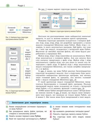 Розділ 112
На рис. 1 подано варіант структури проекту мовою Python.
a1.py a2.py
a3.py
Головний
файл
програми
Модулі
a4.py
Модулі
стандартної
бібліотеки
Рис. 1. Варіант структури проекту мовою Python
Оскільки ми розглядатимемо лише найпростіші навчальні
проекти, то далі їх можемо називати просто програмами.
Наведена структура програми складається з чотирьох фай-
лів: a1.py, a2.py, a3.py, a4.py, які розробляє програміст, а також
модулів стандартної бібліотеки мови Python. Файл a1.py є го-
ловним, із нього запускається програма. Цей файл, так само
як і інші три модулі, складається з інструкцій мови Python.
Фактично це звичайні текстові файли, які нами будуть роз-
роблятися в середовищі IDLE.
Файли a2.py, a3.py і a4.py самостійно не запускаються. Файл
a2.py запускається з головного файла. Але для запуску його
слід спочатку імпортувати у файл a1.py. Файли a3.py і a4.py
запускаються з файла a2.py, але для цього їх також слід ім-
портувати у файл a2.py. Із файлів a3.py і a4.py запускаються
модулі стандартної бібліотеки, які також потрібно імпортува-
ти у ці файли.
Із рис. 1 видно, що мова Python реалізує багатоієрархічну
структуру вкладеності модулів. Але в підручнику буде засто-
совуватися найпростіша архітектура програми, яка містить
лише головний файл, та програму, яка містить головний
файл і модулі стандартної бібліотеки (рис. 2).
У такій архітектурі модулі стандартної бібліотеки імпор-
туються безпосередньо в головний файл програми. Реально
програмний модуль може складатися не тільки з інструкцій
мови Python, а й зі змінних, функцій і класів (рис. 3).
В ООП мовою Python використовуються класи і методи (осно-
ви описано нижче). Із рис. 3 видно, що модуль може імпорту-
вати інші модулі, які написано не тільки мовою Python, але
й мовою С. Він також може бути імпортований в інші модулі.
Рис. 2. Найпростіша структура
програми мовою Python
Модулі
стандартної
бібліотеки
Головний
файл
програми
Рис. 3. Структура проекту модуля
мовою Python
Інші
модулі
мовою
Python
або С
Інші
модулі
мовою
Python
або С
Змінні
Змінні
Функції
Модулі
Класи
Змінні
Методи
Запитання для перевірки знань
1 Якими операційними системами підтримуєть-
ся мова Python?
2 Яке розширення мають файли програм, які
створено в консольному режимі?
3 Назвіть основні переваги мови Python.
4 Який тип трансляції застосовується у Python?
5 Із якими мовами може інтегруватися мова
Python?
6 Що називають динамічною типізацією даних?
7 Поясніть структуру проекту мовою Python.
8 Яку структуру може мати модуль мовою
Python?
 