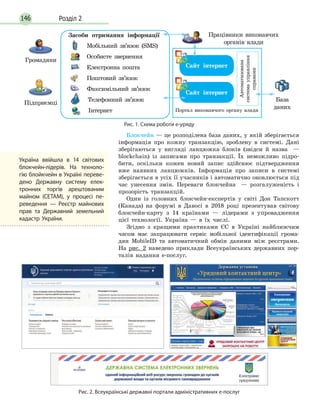 Розділ 2146
Блокчейн — це розподілена база даних, у якій зберігається
інформація про кожну транзакцію, зроблену в системі. Дані
зберігаються у вигляді ланцюжка блоків (звідси й назва —
blockchain) із записами про транзакції. Їх неможливо підро­
бити, оскільки кожен новий запис здійснює підтвердження
вже наявних ланцюжків. Інформація про записи в системі
зберігається в усіх її учасників і автоматично оновлюється під
час унесення змін. Переваги блокчейна — розгалуженість і
прозорість транзакцій.
Один із головних блокчейн­експертів у світі Дон Тапскотт
(Канада) на форумі в Давосі в 2018 році презентував світову
блокчейн­карту з 14 країнами — лідерами з упровадження
цієї технології. Україна — в їх числі.
Згідно з кращими практиками ЄС в Україні найближчим
часом має запрацювати сервіс мобільної ідентифікації грома­
дян MobileID та автоматичний обмін даними між реєстрами.
На рис. 2 наведено приклади Всеукраїнських державних пор­
талів надання е­послуг.
Україна ввійшла в  14  світових
блокчейн-лідерів. На техноло-
гію блойкчейн в Україні переве-
дено Державну систему елек-
тронних торгів арештованим
майном (СЕТАМ), у  процесі пе-
реведення — Реєстр майнових
прав та Державний земельний
кадастр України.
Рис. 2. Всеукраїнські державні портали адміністративних е-послуг
Çàсоáè отðèмàннÿ інôоðмàöі¿ Працівники виконавчих
органів влади
База
даних
Громадяни
Підприємці Телефонний зв’язок
Інтернет
Мобільний зв’язок (SMS)
Особисте звернення
Електронна пошта
Поштовий зв’язок
Факсимільний зв’язок
Портал виконавчого органу влади
Автоматизована
системауправління
справами
Ñàéт інтеðнетÑàéт інтеðнет
Ñàéт інтеðнетÑàéт інтеðнет
Рис. 1. Схема роботи е-уряду
 