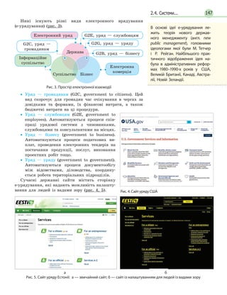 2.4. Системи... 147
Нині існують різні види електронного врядування
(е­урядування) (рис. 3).
Держава
Суспільство Бізнес
G2C, уряд —
громадянам
G2В, уряд — бізнесу
Електронна
комерція
G2G, уряд — уряду
Інформаційне
суспільство
Електронний уряд G2E, уряд — службовцям
Рис. 3. Простір електронної взаємодії
• Уряд — громадянам (G2C, government to citizens). Цей
вид скорочує для громадян час очікування в чергах за
довідками та формами, їх фінансові витрати, а також
бюджетні витрати на ці процедури.
• Уряд — службовцям (G2E, government to
employees). Автоматизуються процеси спів­
праці урядової системи з чиновниками,
службовцями та консультантами на місцях.
• Уряд — бізнесу (government to business).
Автоматизуються процеси податкових ви­
плат, проведення електронних тендерів на
постачання продукції, послуг, виконання
проектних робіт тощо.
• Уряд — уряду (government to government).
Автоматизуються процеси документообігу
між відомствами, діловодства, координу­
ється робота територіальних підрозділів.
Сучасні державні сайти містять сторінку
е­урядування, які надають можливість налашту­
вання для людей із вадами зору (рис. 4, 5).
В основі ідеї е-урядування ле-
жить теорія нового держав-
ного менеджменту (англ. new
public management), головними
ідеологами якої були М. Тетчер
і Р. Рейган. Найбільшого прак-
тичного відображення ідея на-
була в адміністративних рефор-
мах 1980–1990-х років у США,
Великій Британії, Канаді, Австра-
лії, Новій Зеландії.
Рис. 4. Сайт уряду США
а б
Рис. 5. Сайт уряду Естонії: а — звичайний сайт; б — сайт із налаштуванням для людей із вадами зору
 